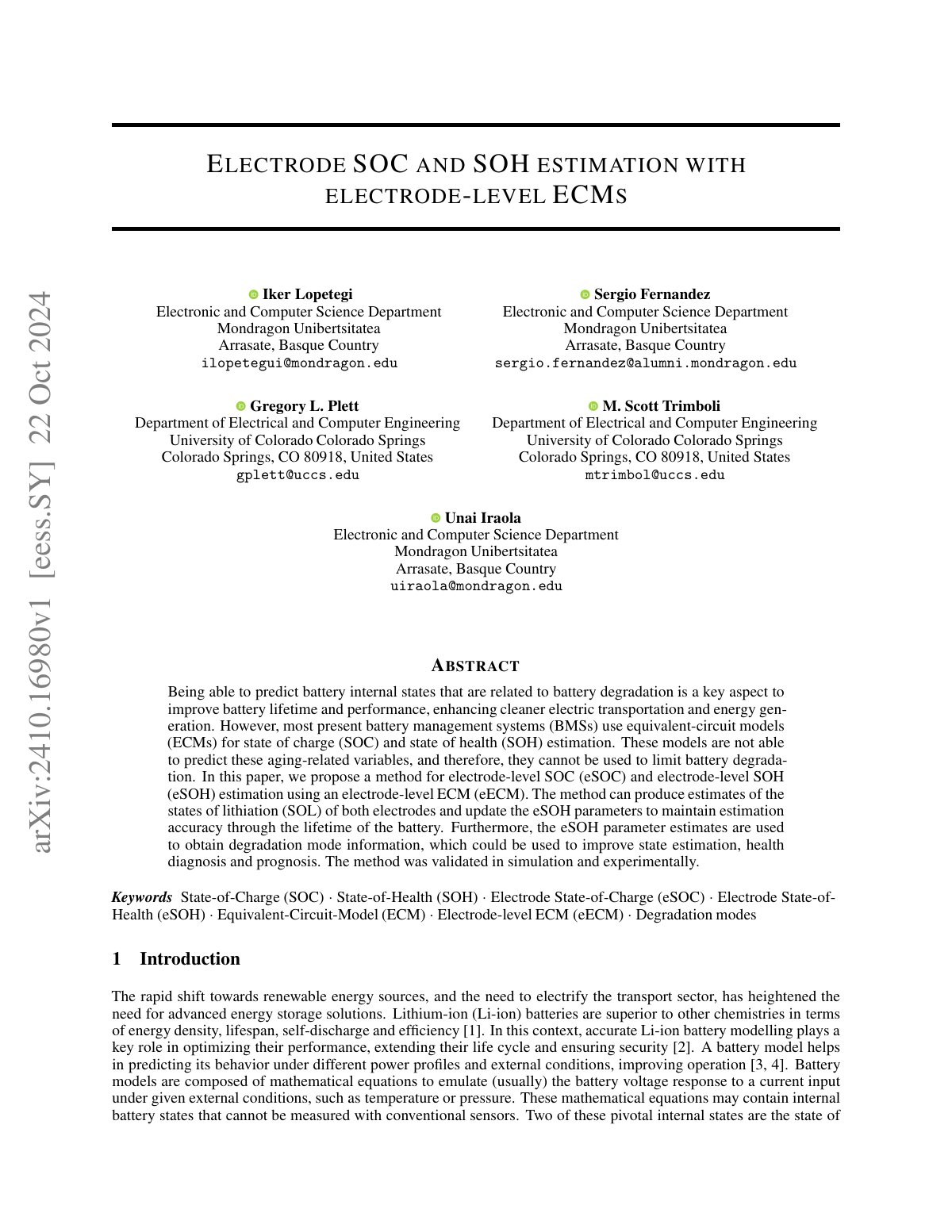 First page of Electrode SOC and SOH estimation with electrode-level ECMs