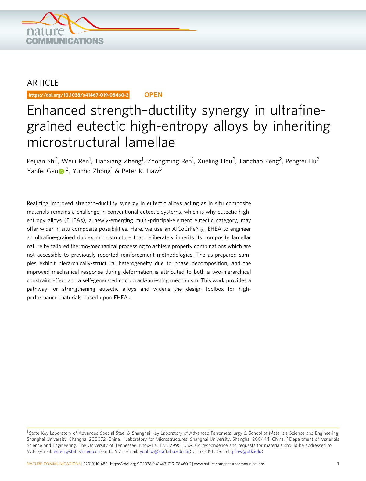 First page of Enhanced strength–ductility synergy in ultraﬁne-grained eutectic high-entropy alloys by inheriting microstructural lamellae