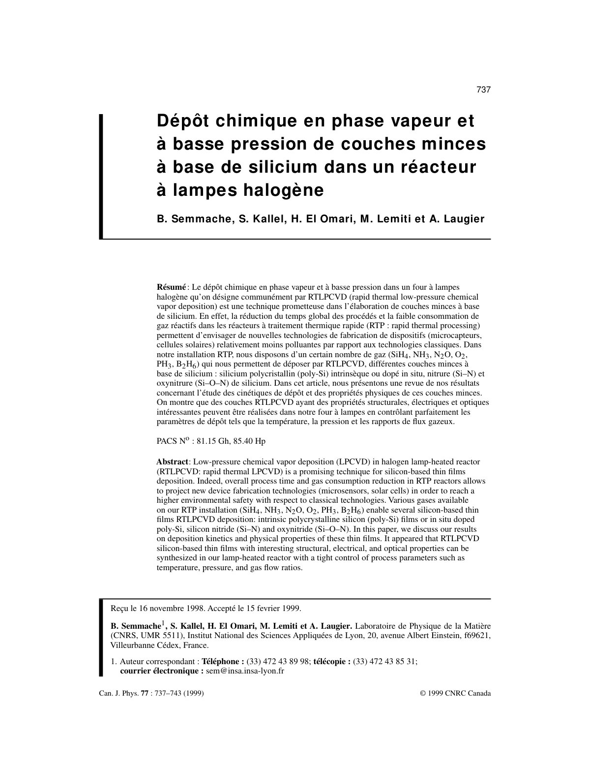 First page of Depot chimique en phase vapeur et a bass