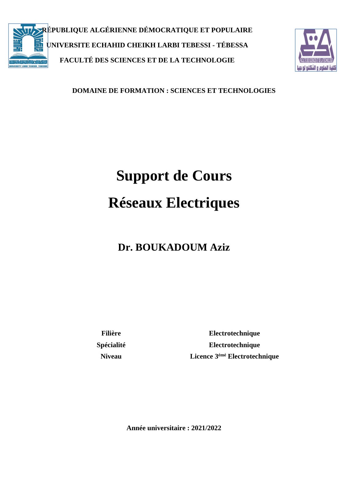 First page of Polycopie de cours Réseaux électriques