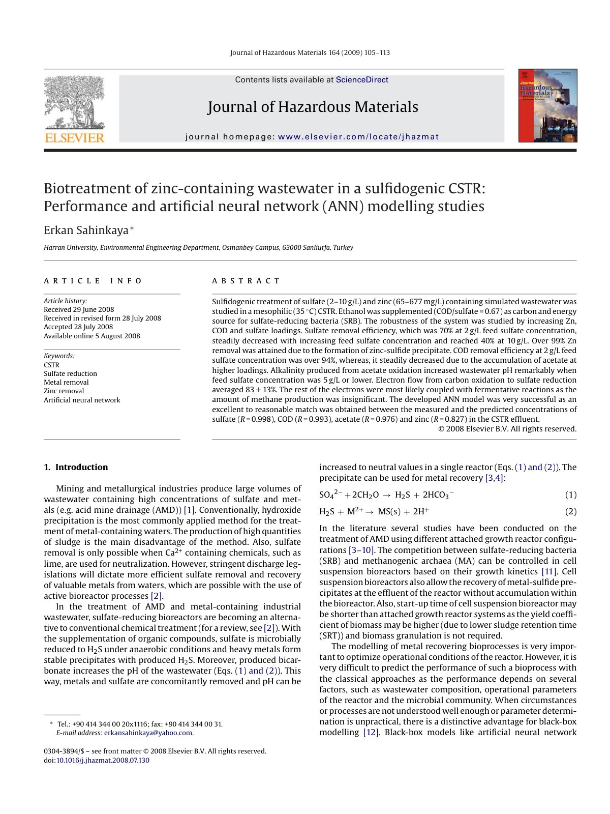 First page of Biotreatment of zinc-containing wastewater in a sulﬁdogenic CSTR: Performance and artiﬁcial neural network (ANN) modelling studies