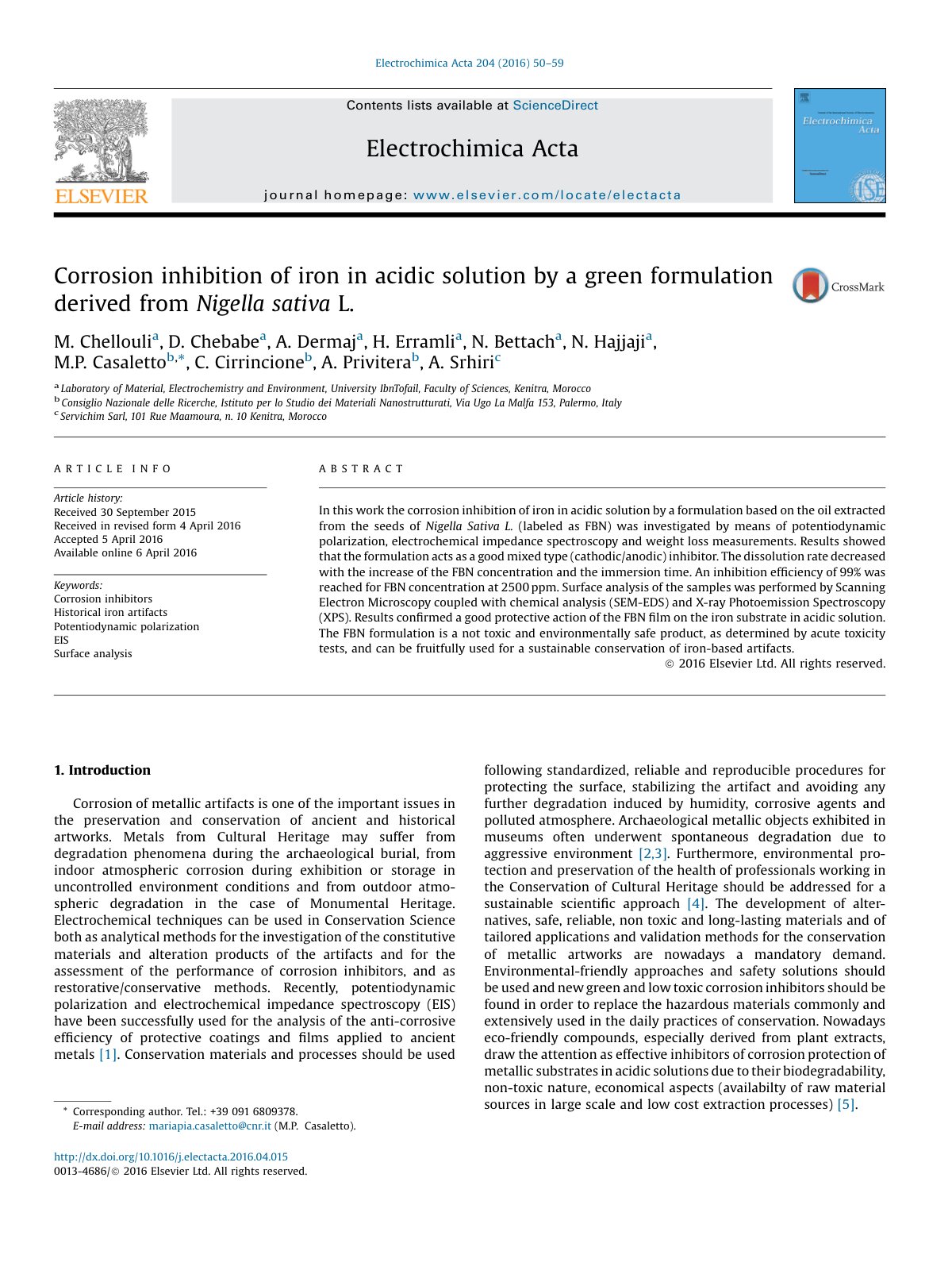 First page of Corrosion inhibition of iron in acidic solution by a green formulation derived from Nigella sativa L.