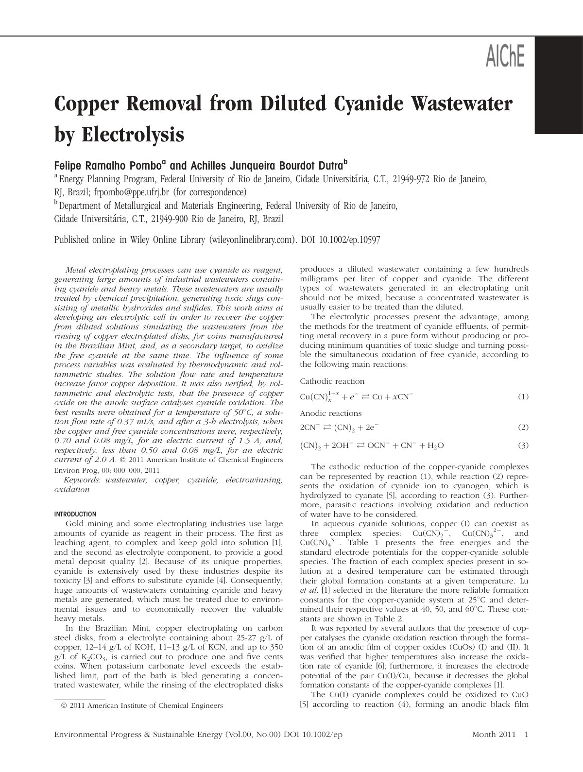 First page of Copper removal from diluted cyanide wast