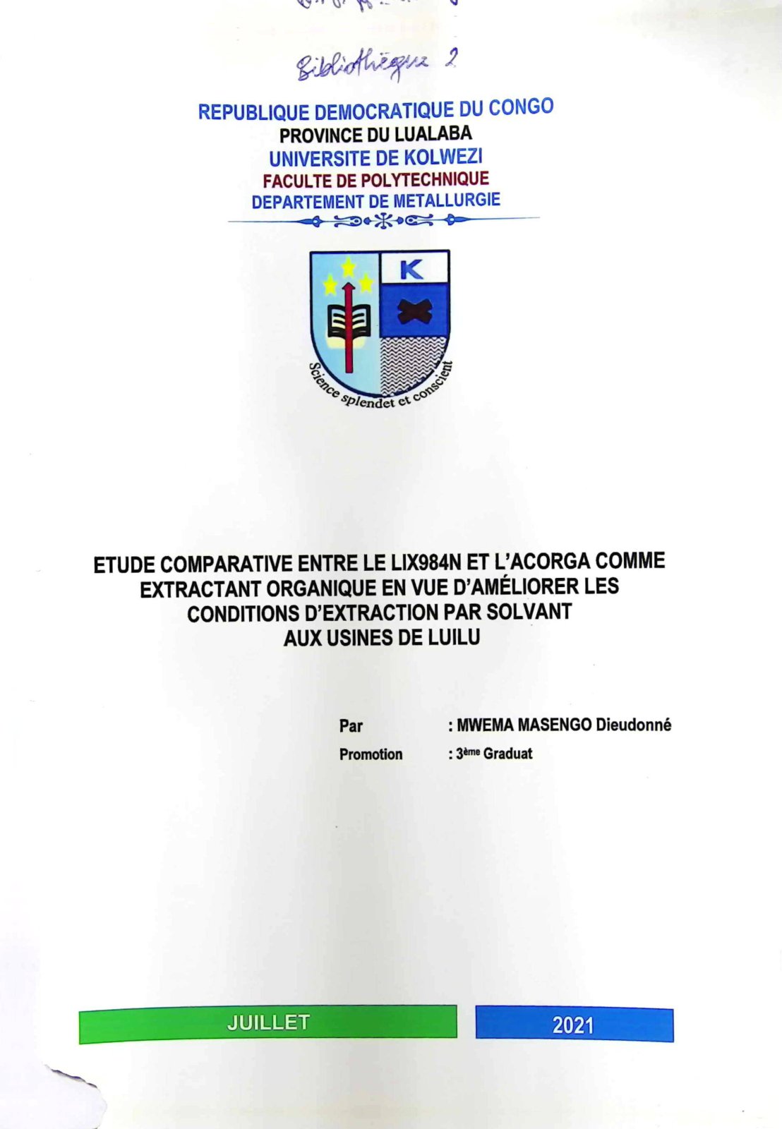 First page of ETUDE COMPARATIVE ENTRE LE LIX984N ET L’ACORGA COMME EXTRACTANT ORGANIQUE EN VUE D’AMÉLIORER LES CONDITIONS D’EXTRACTION PAR SOLVANT AUX USINES DE LUILU