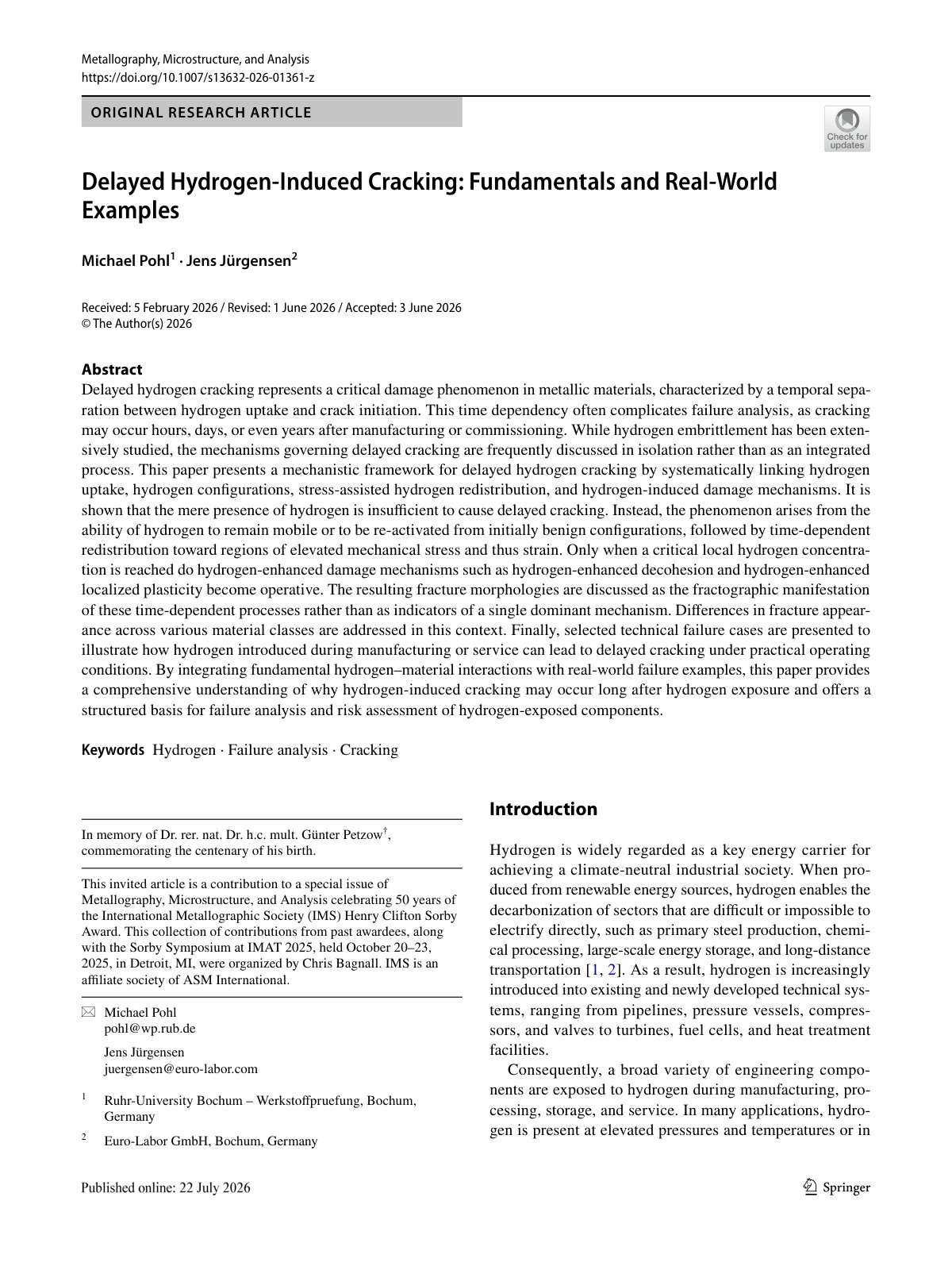 First page of 2026 Pohl Delayed Hydrogen Cracking Fractography