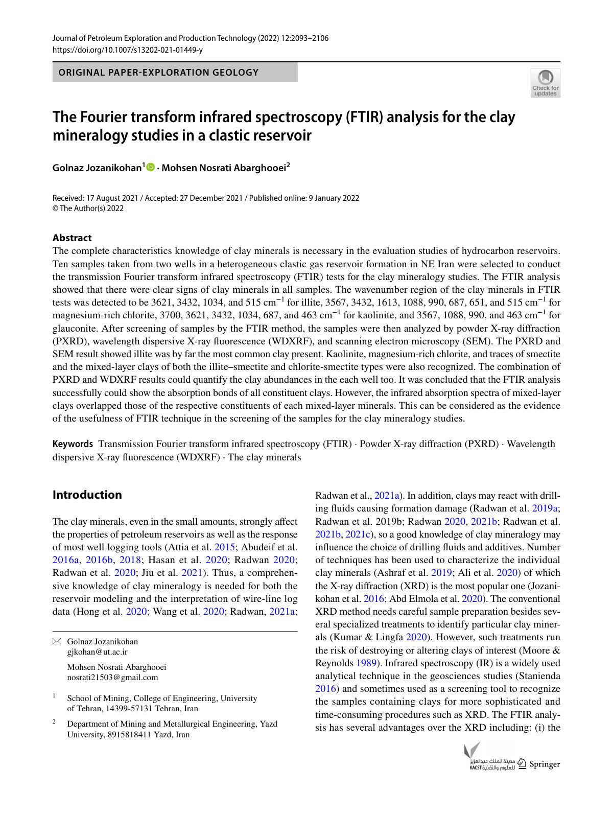 First page of The Fourier transform infrared spectroscopy (FTIR) analysis for the clay mineralogy studies in a clastic reservoir