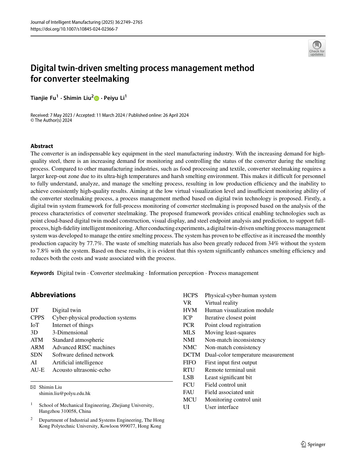 First page of 2025 Tianjie Fu Digital twin driven smelting process management method for converter steelmaking s10845 024 02366 7