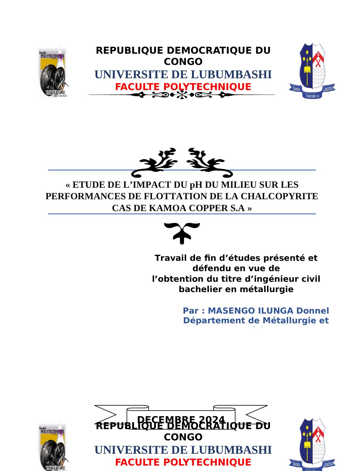 First page of ETUDE DE L’IMPACT DU pH DU MILIEU SUR LES PERFORMANCES DE FLOTTATION DE LA CHALCOPYRITE CAS DE KAMOA COPPER S.A