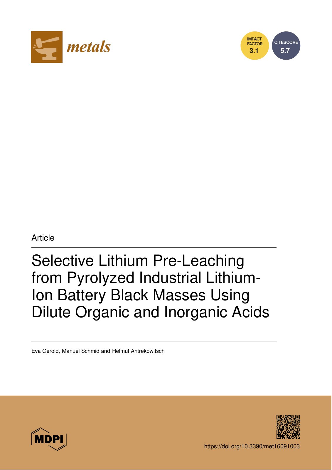 First page of Selective Lithium Pre-Leaching from Pyrolyzed Industrial Lithium-Ion Battery Black Masses Using Dilute Organic and Inorganic Acids