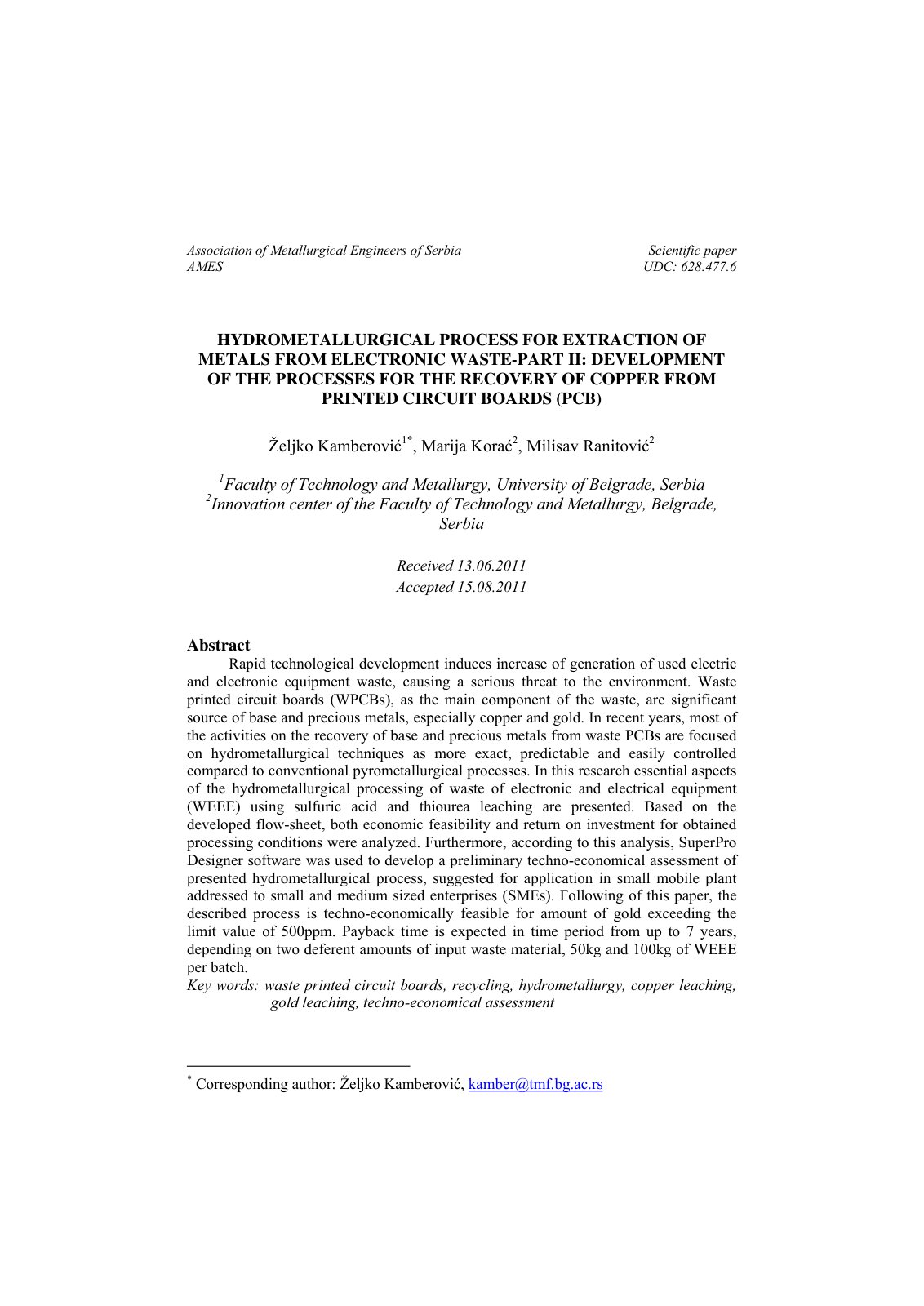 First page of Hydrometallurgical Process for Extractio