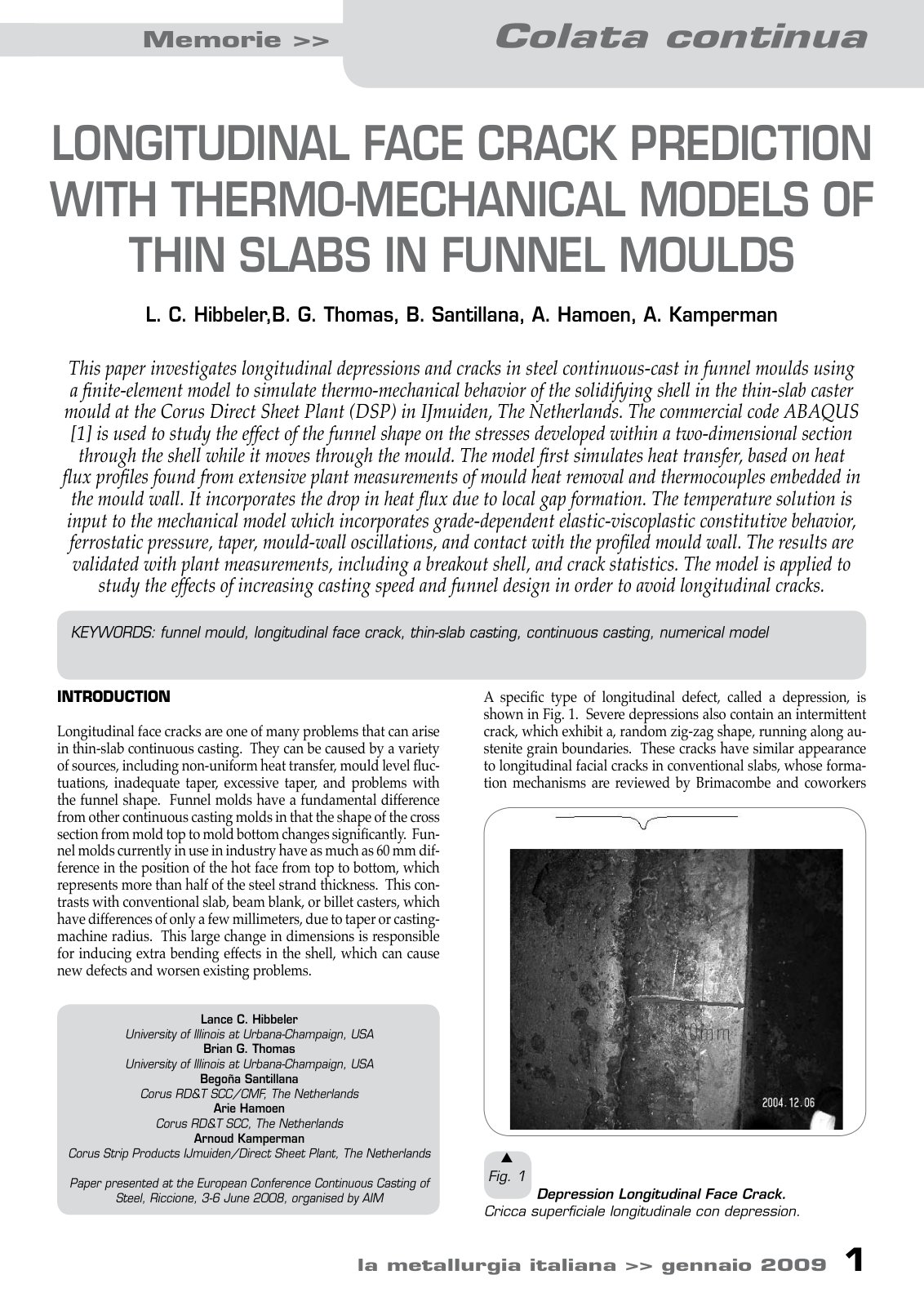 First page of LONGITUDINAL FACE CRACK PREDICTION WITH THERMO-MECHANICAL MODELS OF THIN SLABS IN FUNNEL MOULDS