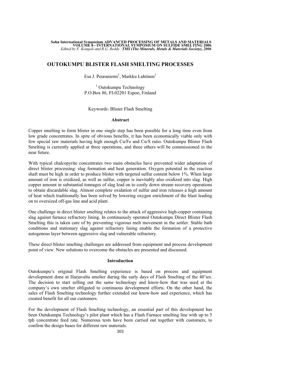 First page of OUTOKUMPU BLISTER FLASH SMELTING PROCESSES
