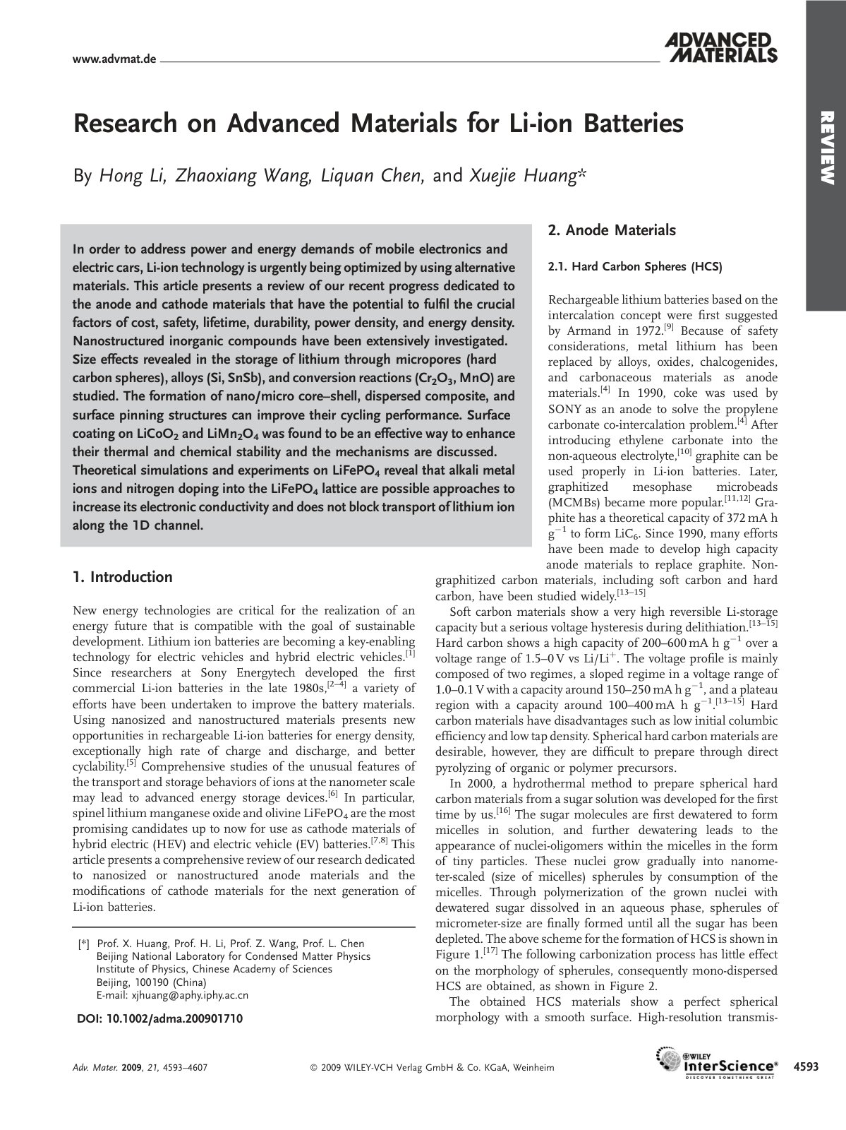 First page of Research on Advanced Materials for Li io