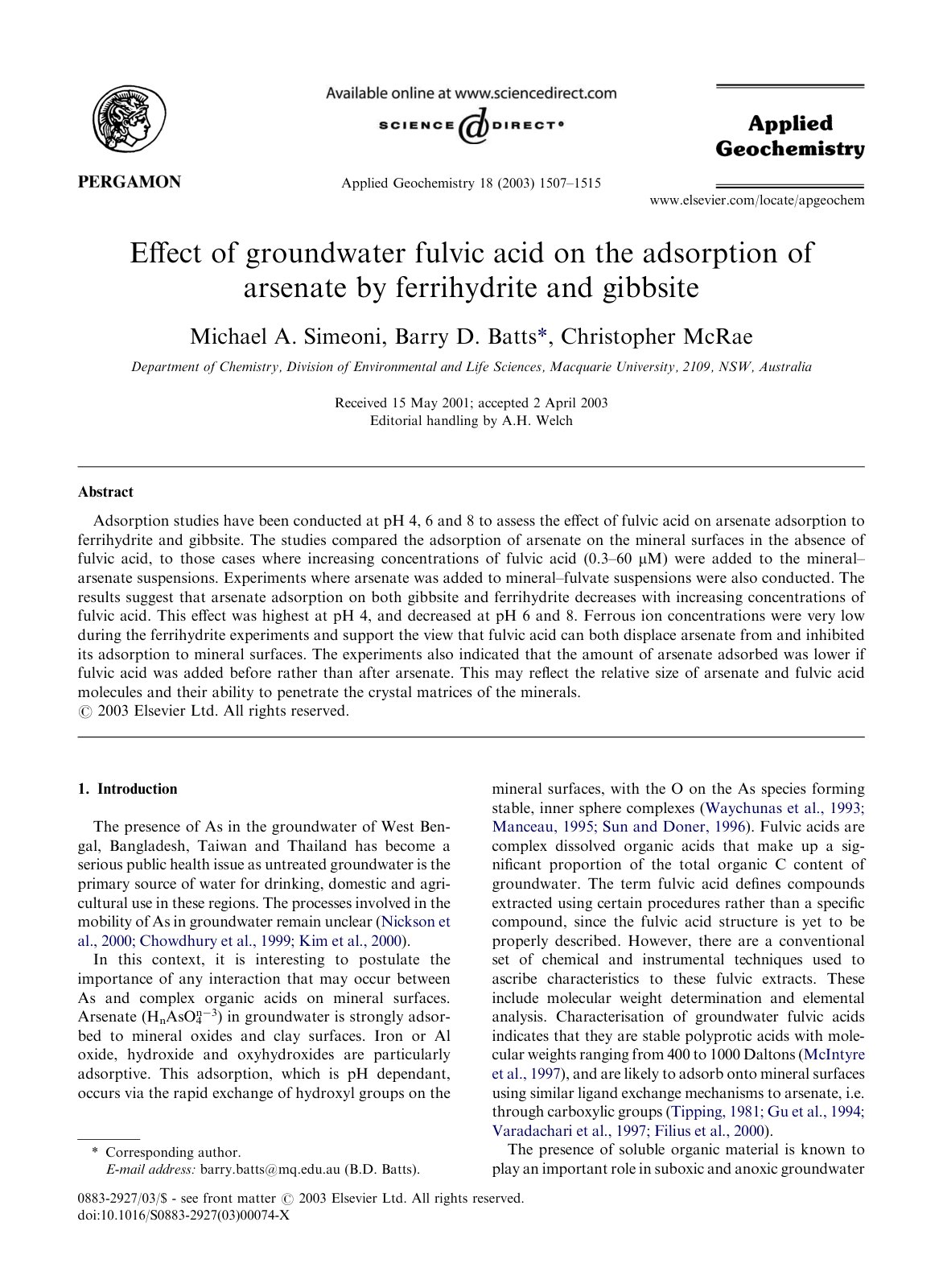 First page of Effect of groundwater fulvic acid on the