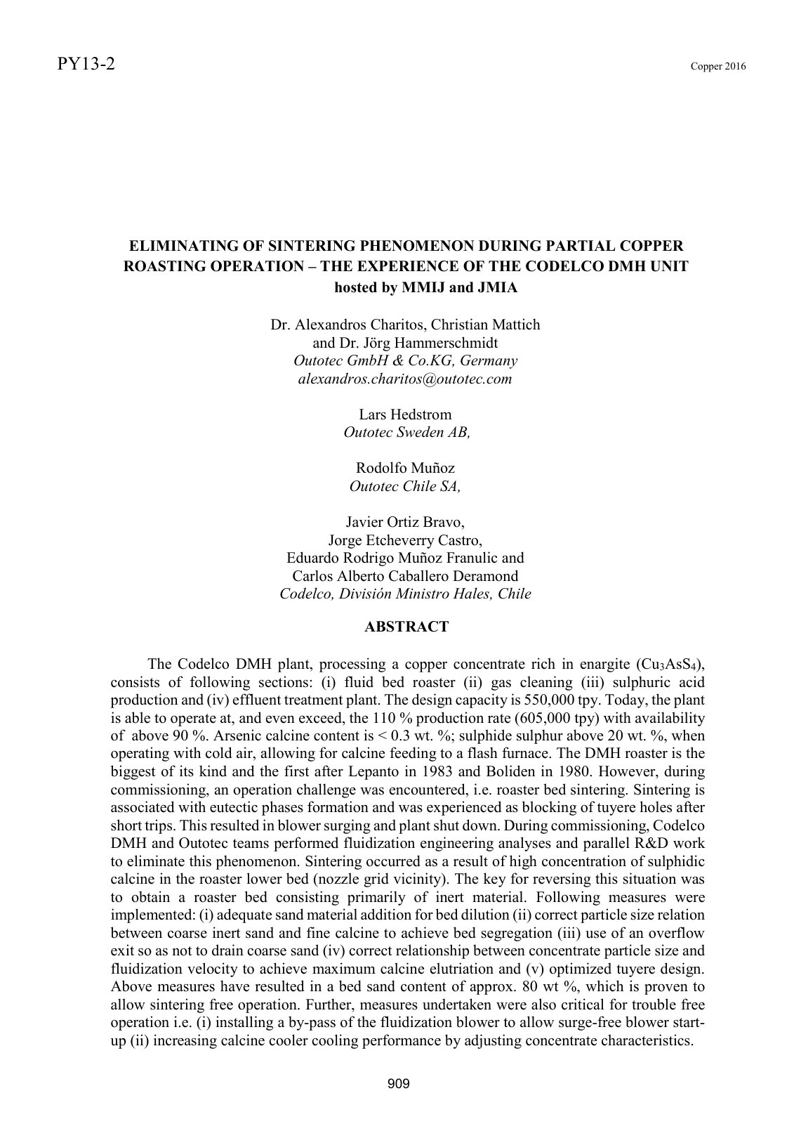 First page of ELIMINATING OF SINTERING PHENOMENON DURING PARTIAL COPPER ROASTING OPERATION – THE EXPERIENCE OF THE CODELCO DMH UNIT hosted by MMIJ and JMIA