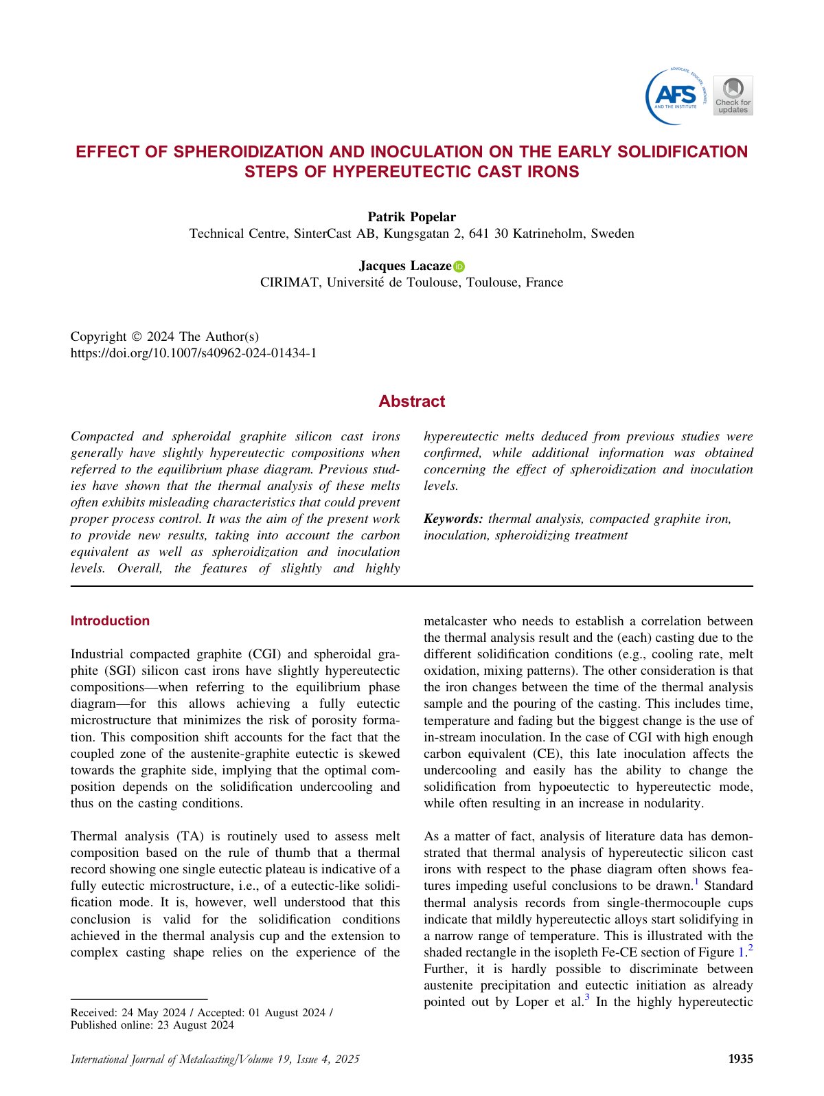 First page of 2025 Popelar Spheroidization Inoculation Cast Iron