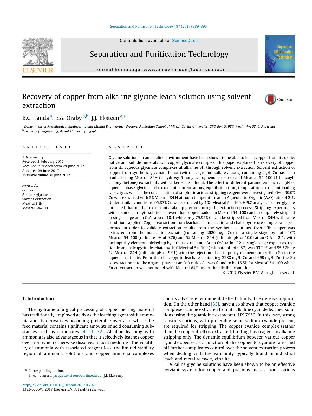 First page of Recovery of copper from alkaline glycine leach solution using solvent extraction