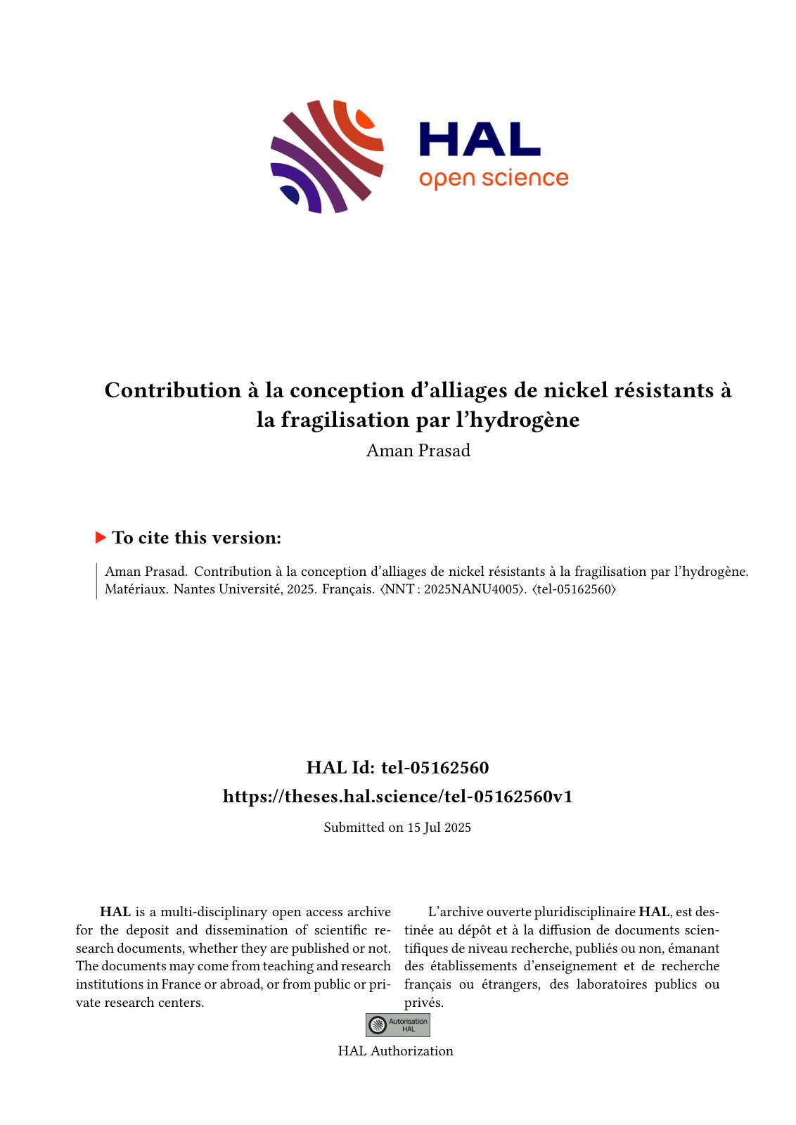 First page of Contribution à la conception d’alliages de nickel résistants à la fragilisation par l’hydrogène