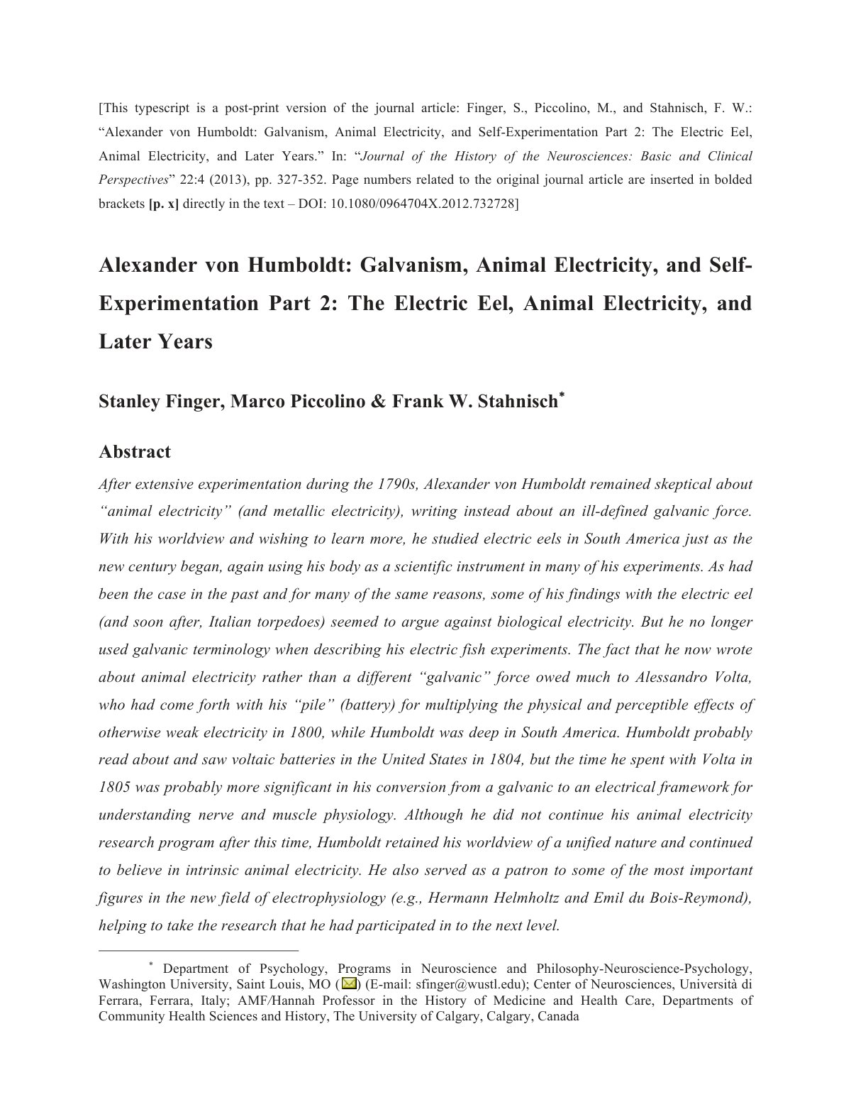 First page of Alexander von Humboldt: Galvanism, Animal Electricity, and Self-Experimentation Part 2: The Electric Eel, Animal Electricity, and Later Years