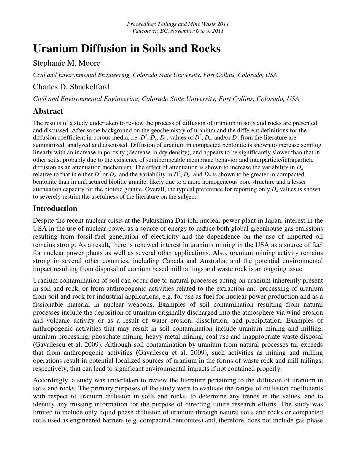 First page of Uranium Diffusion in Soils and Rocks