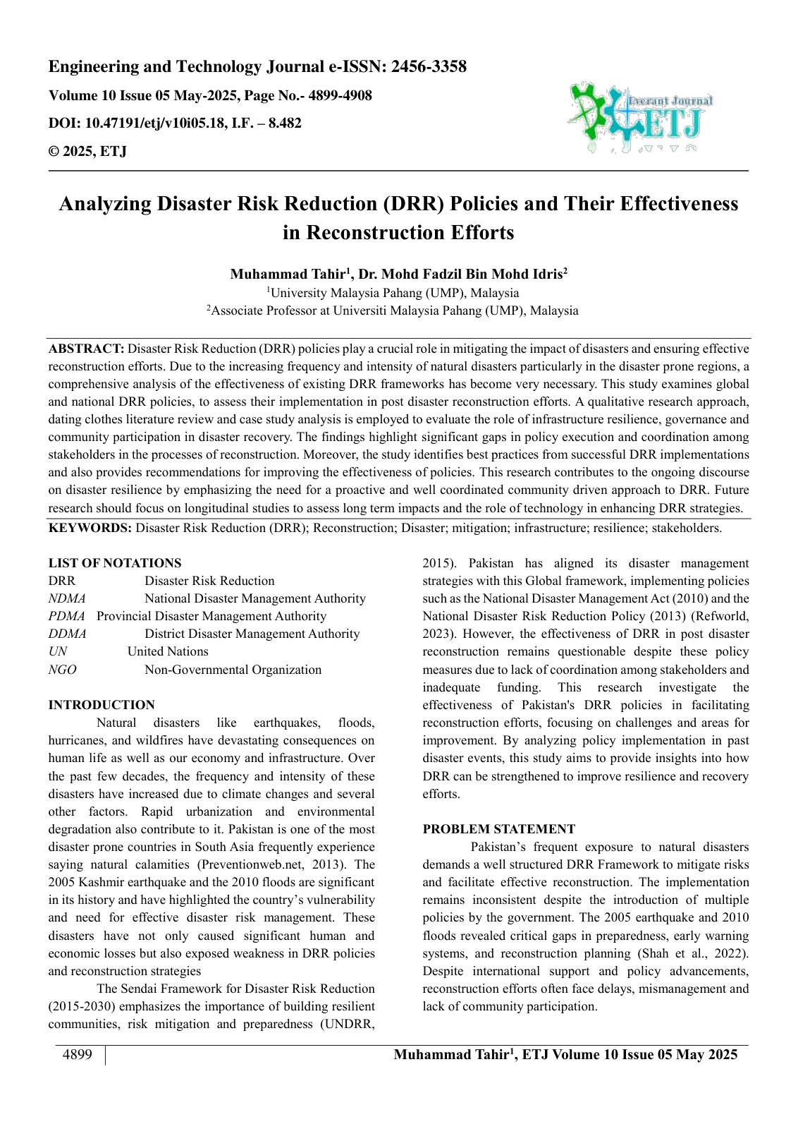 First page of Analyzing Disaster Risk Reduction (DRR) Policies and Their Effectiveness  in Reconstruction Efforts  