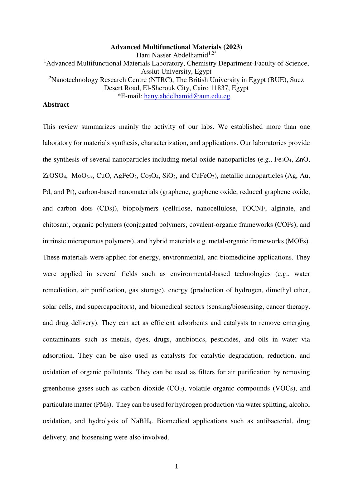 First page of Advanced Multifunctional Materials 2023