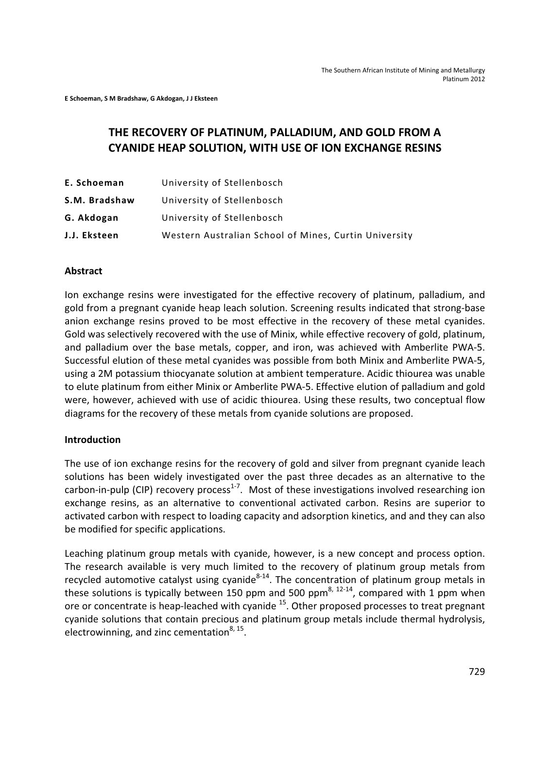 First page of THE RECOVERY OF PLATINUM, PALLADIUM, AND GOLD FROM A CYANIDE HEAP SOLUTION, WITH USE OF ION EXCHANGE RESINS