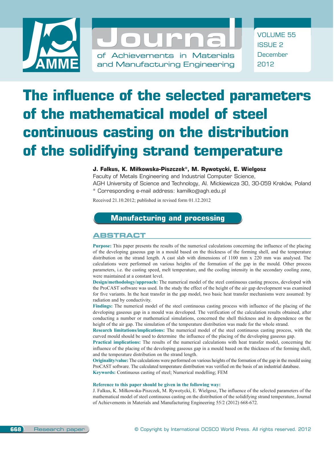 First page of The influence of the selected parameters of the mathematical model of steel continuous casting on the distribution of the solidifying strand temperature
