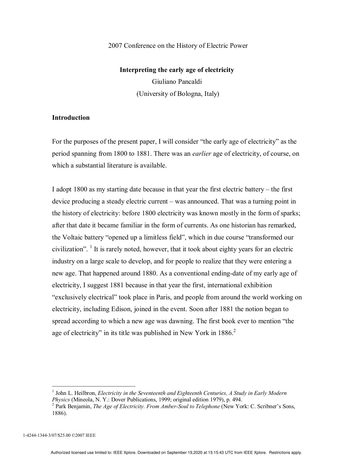 First page of Interpreting the early age of electricity
