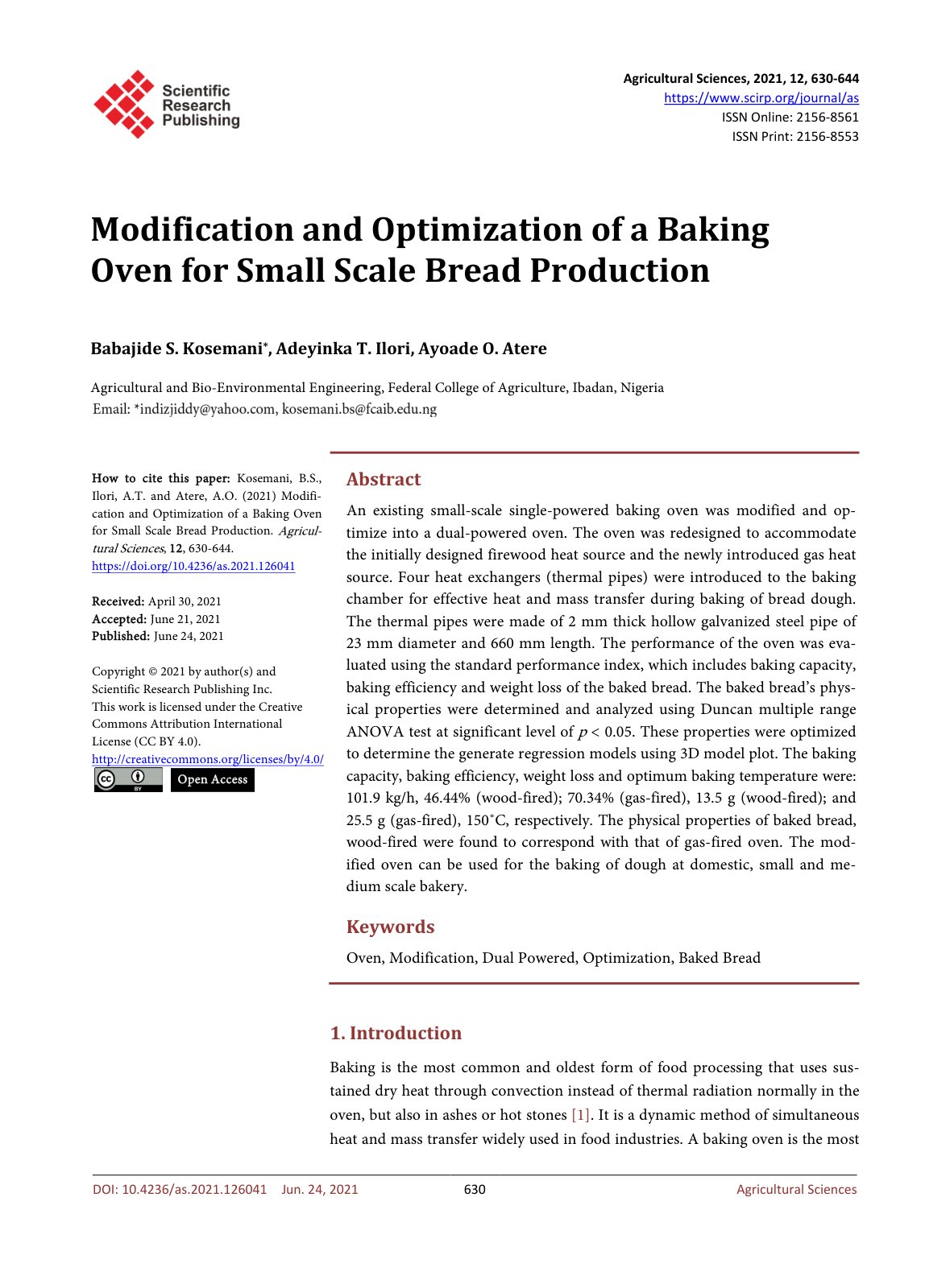 First page of Modification and Optimization of a Bakin