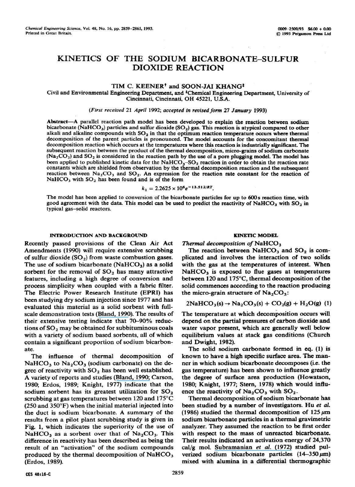First page of KINETICS OF THE SODIUM BICARBONATE-SULFUR DIOXIDE REACTION