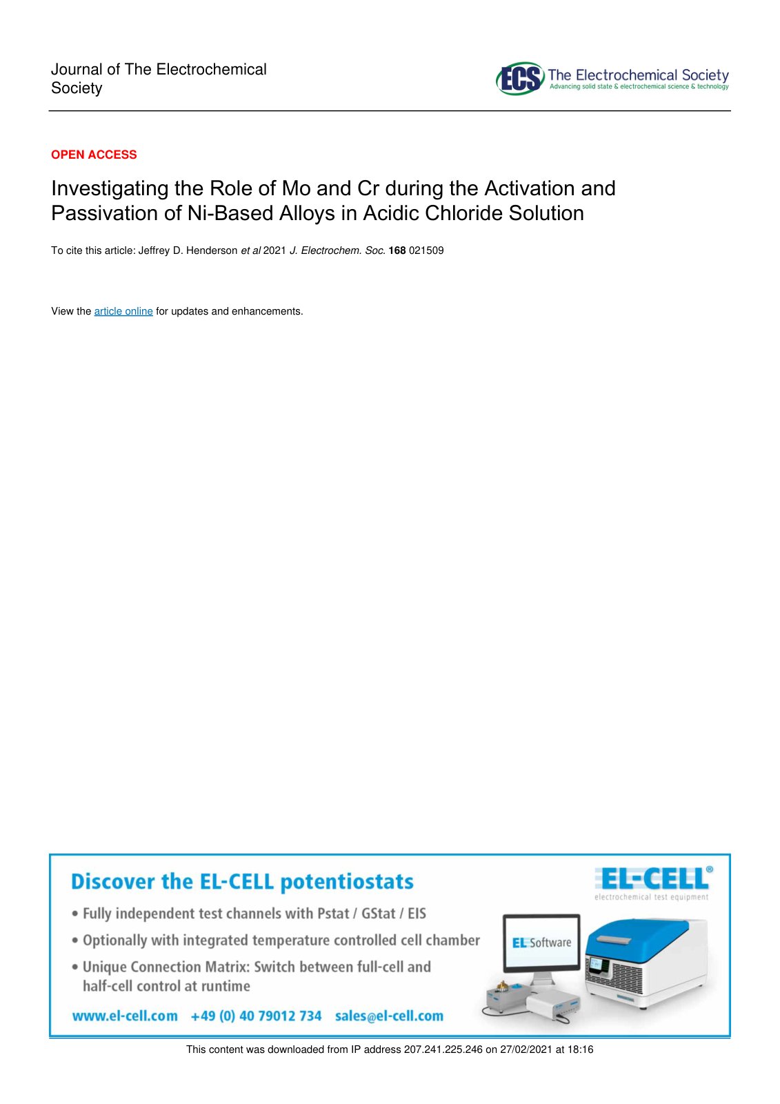 First page of Investigating the Role of Mo and Cr during the Activation and Passivation of Ni-Based Alloys in Acidic Chloride Solution