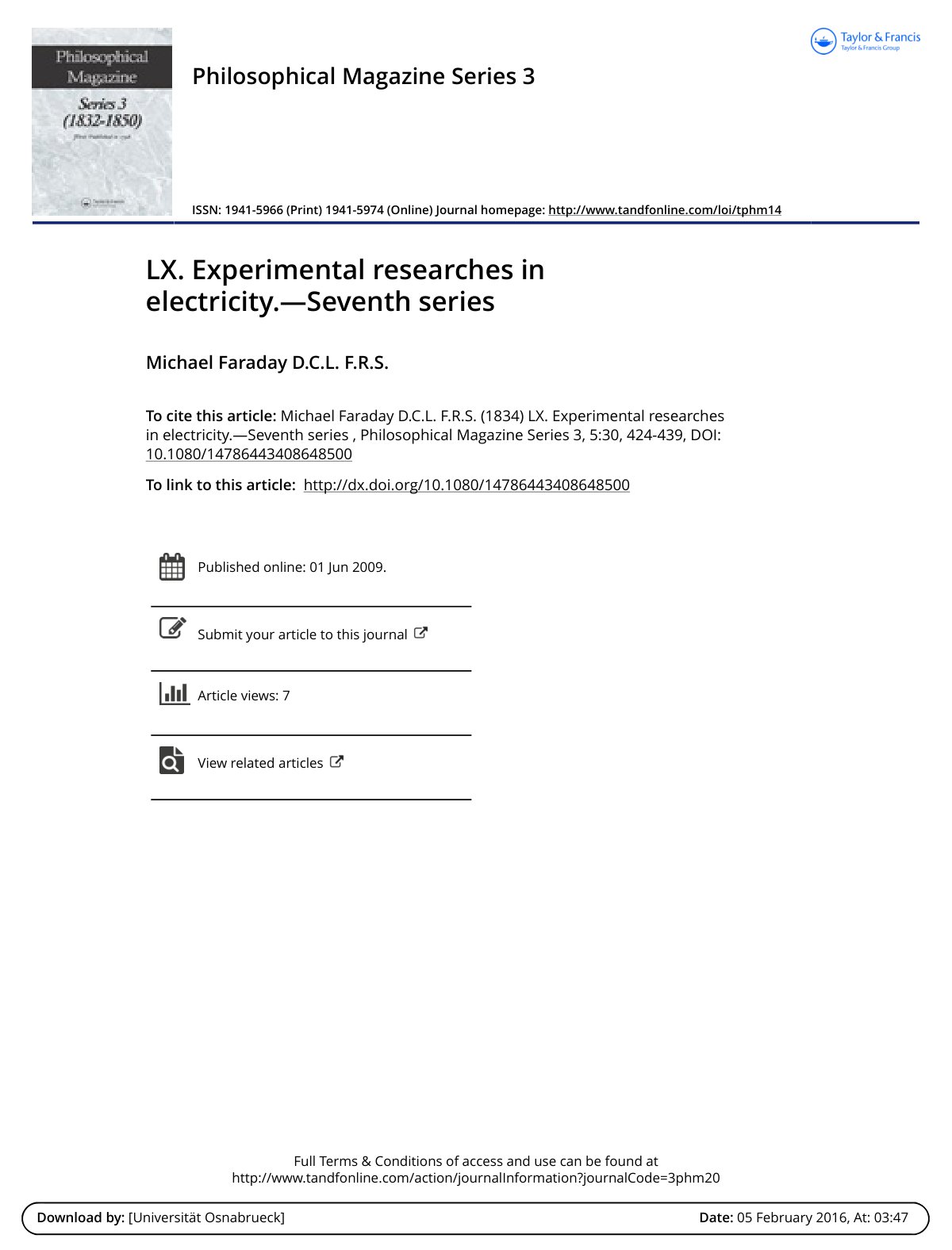 First page of LX. Experimental researches in electricity.—Seventh series