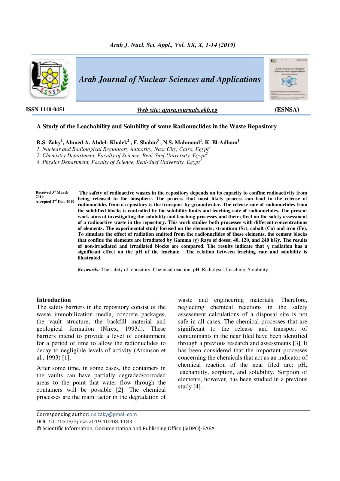 First page of A Study of the Leachability and Solubility of some Radionuclides in the Waste Repository