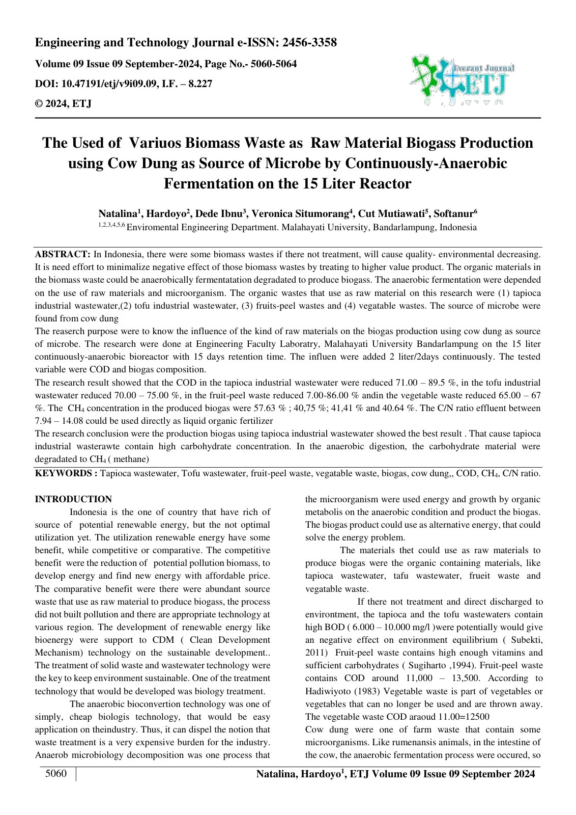 First page of The Used of  Variuos Biomass Waste as  Raw Material Biogass Production 