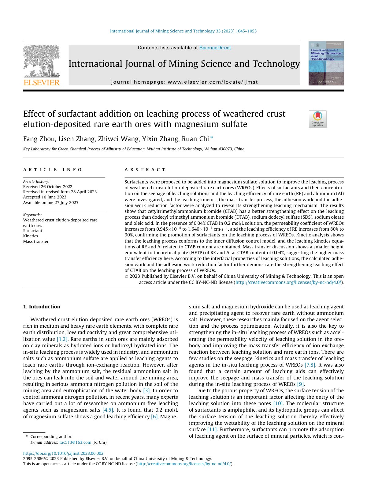 First page of Effect of surfactant addition on leaching process 2023 International Journal