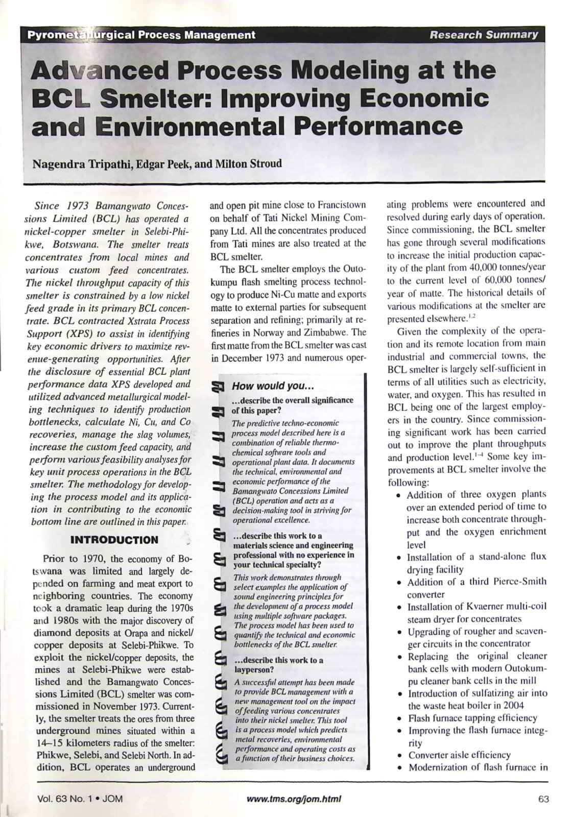 First page of Advanced Process Modeling at the BCL Smelter: Improving Economic and Environmental Performance