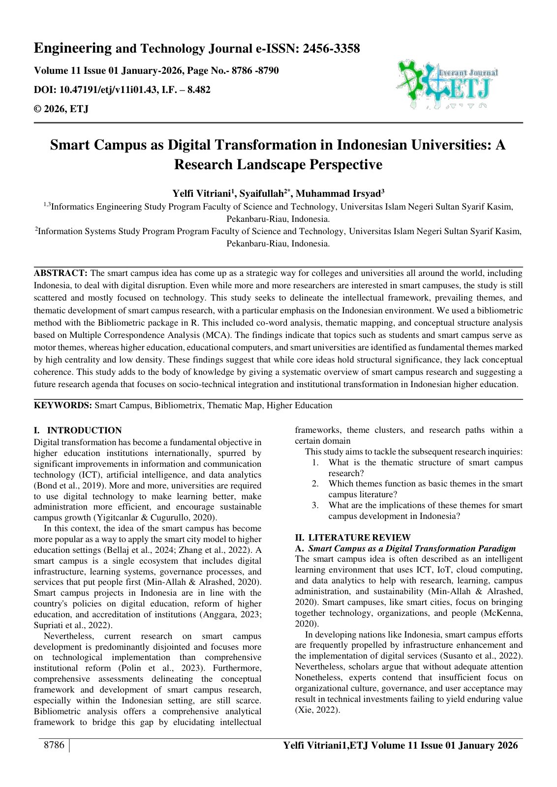 First page of Smart Campus as Digital Transformation in Indonesian Universities: A  Research Landscape Perspective  