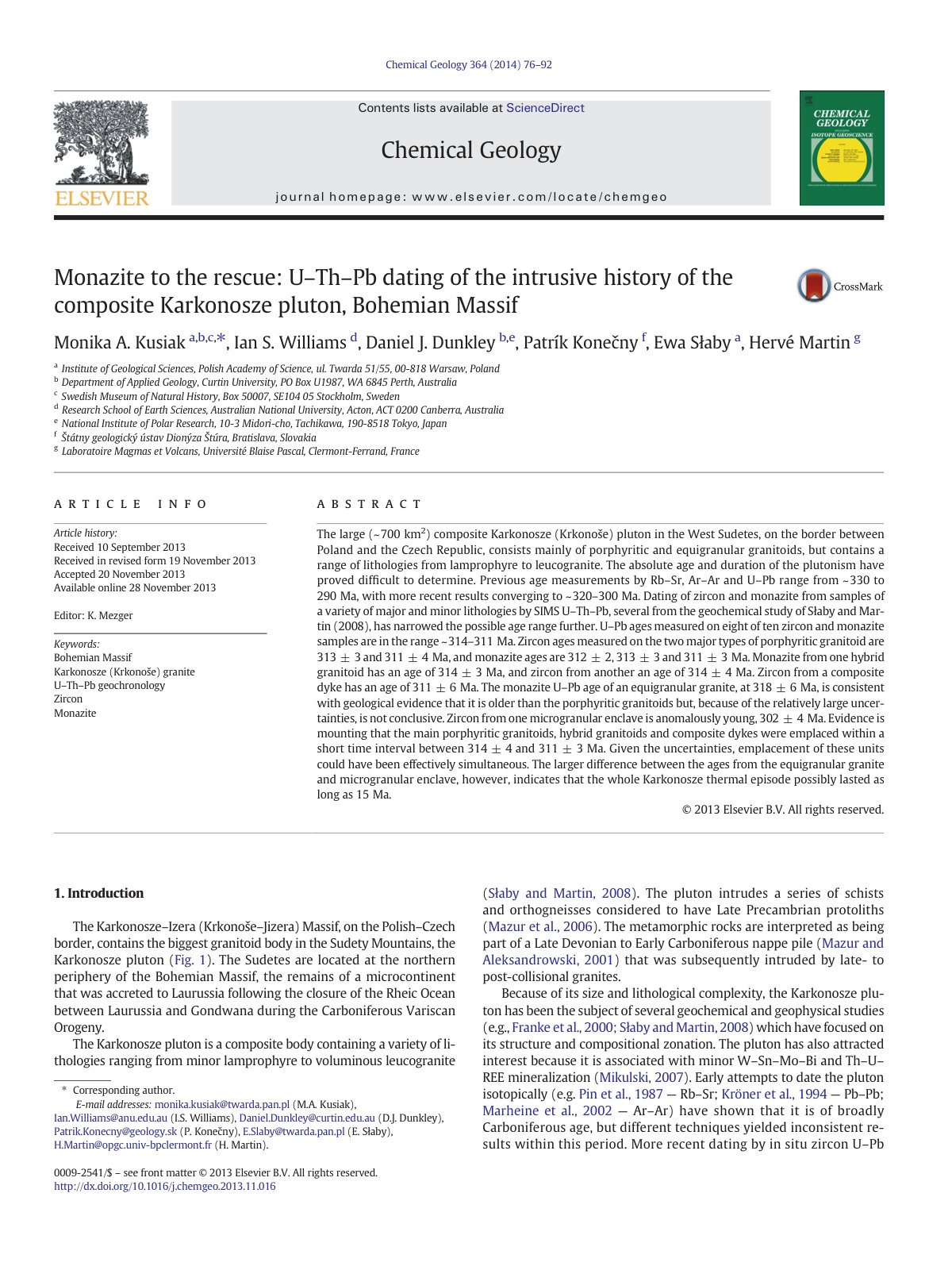 First page of Monazite to the rescue: U–Th–Pb dating of the intrusive history of the composite Karkonosze pluton, Bohemian Massif