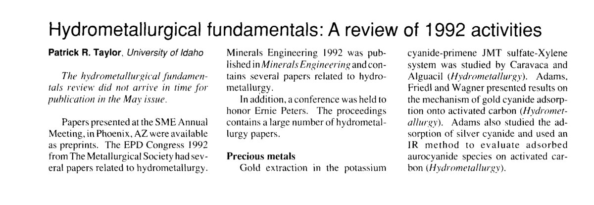 First page of Hydrometallurgical fondamentals 1992