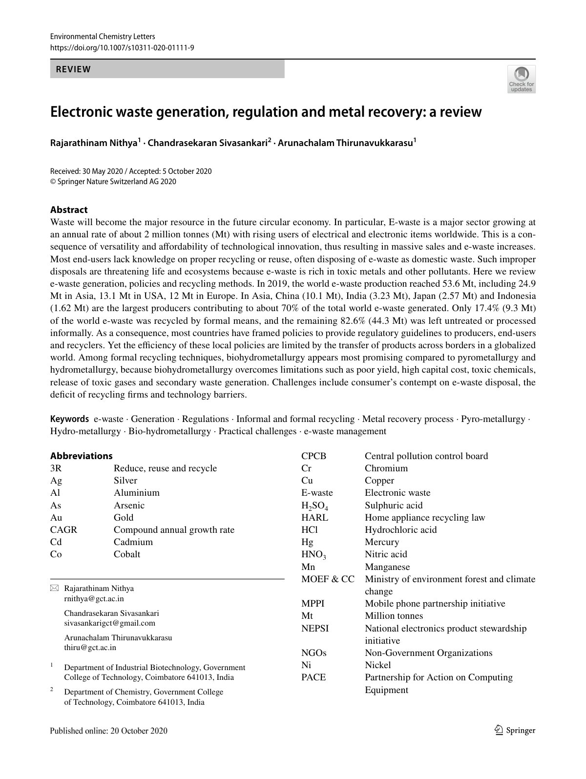 First page of Electronic waste generation, regulation and metal recovery: a review