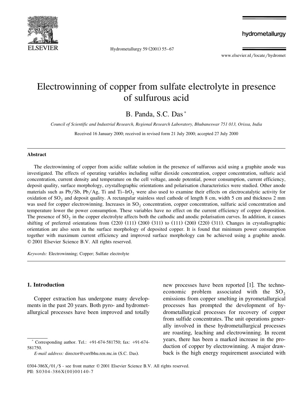 First page of Electrowinning of copper from sulfate el
