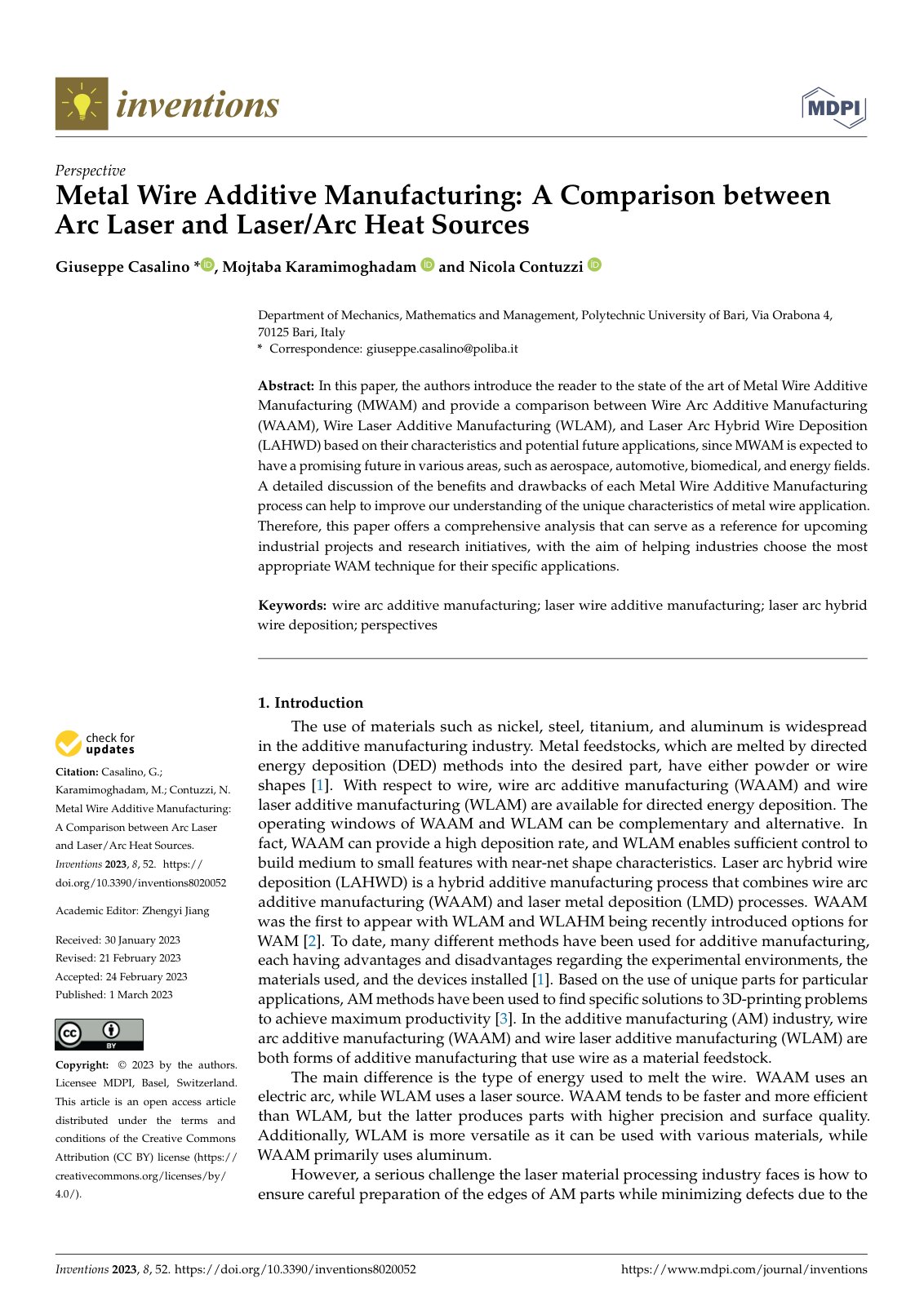 First page of Metal Wire Additive Manufacturing: A Comparison between Arc Laser and Laser/Arc Heat Sources