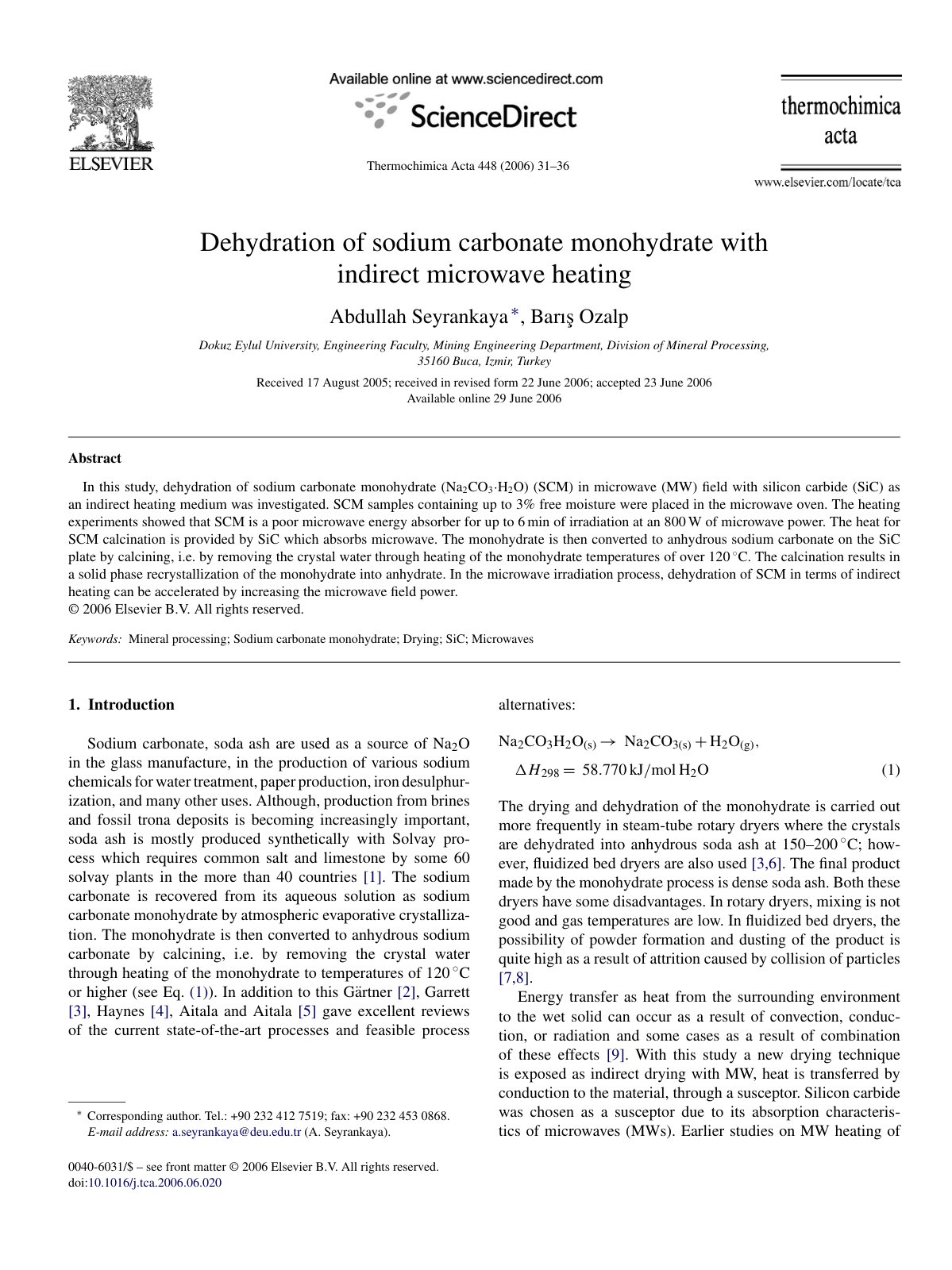 First page of Dehydration of sodium carbonate monohydrate with indirect microwave heating