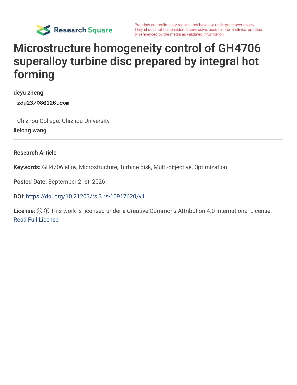 First page of Microstructure homogeneity control of GH4706 superalloy turbine disc prepared by integral hot forming