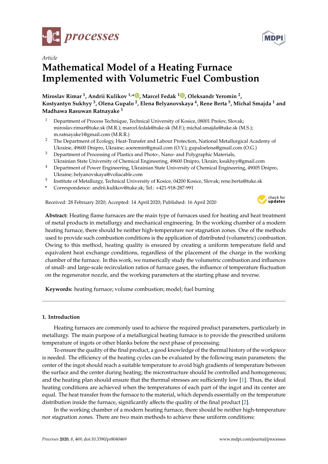 First page of Mathematical Model of a Heating Furnace Implemented with Volumetric Fuel Combustion