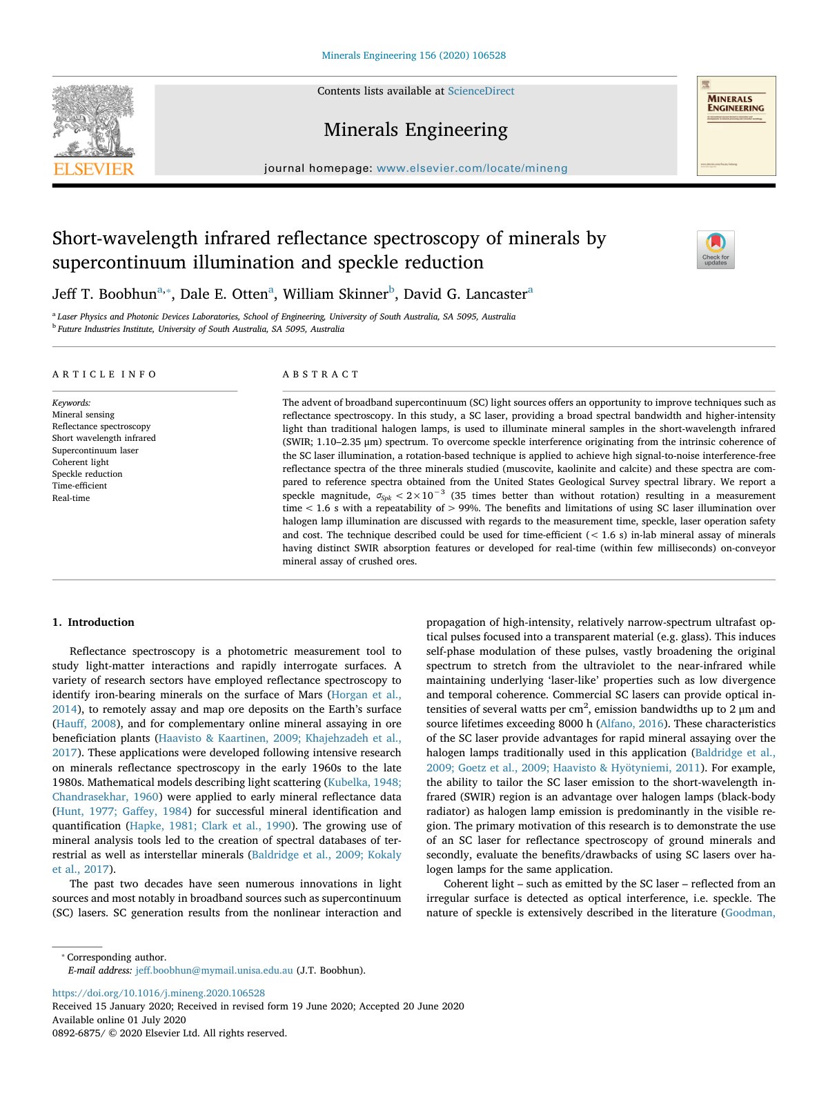 First page of Short wavelength infrared reflectance spectroscopy of minera 2020 Minerals E
