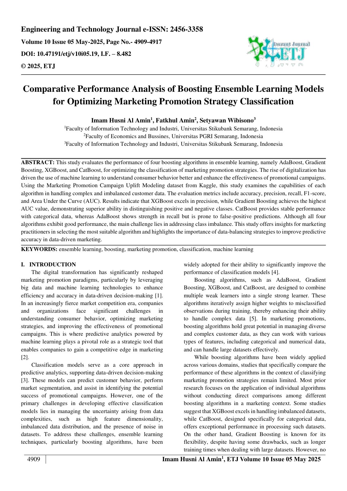 First page of Comparative Performance Analysis of Boosting Ensemble Learning Models  for Optimizing Marketing Promotion Strategy Classification  