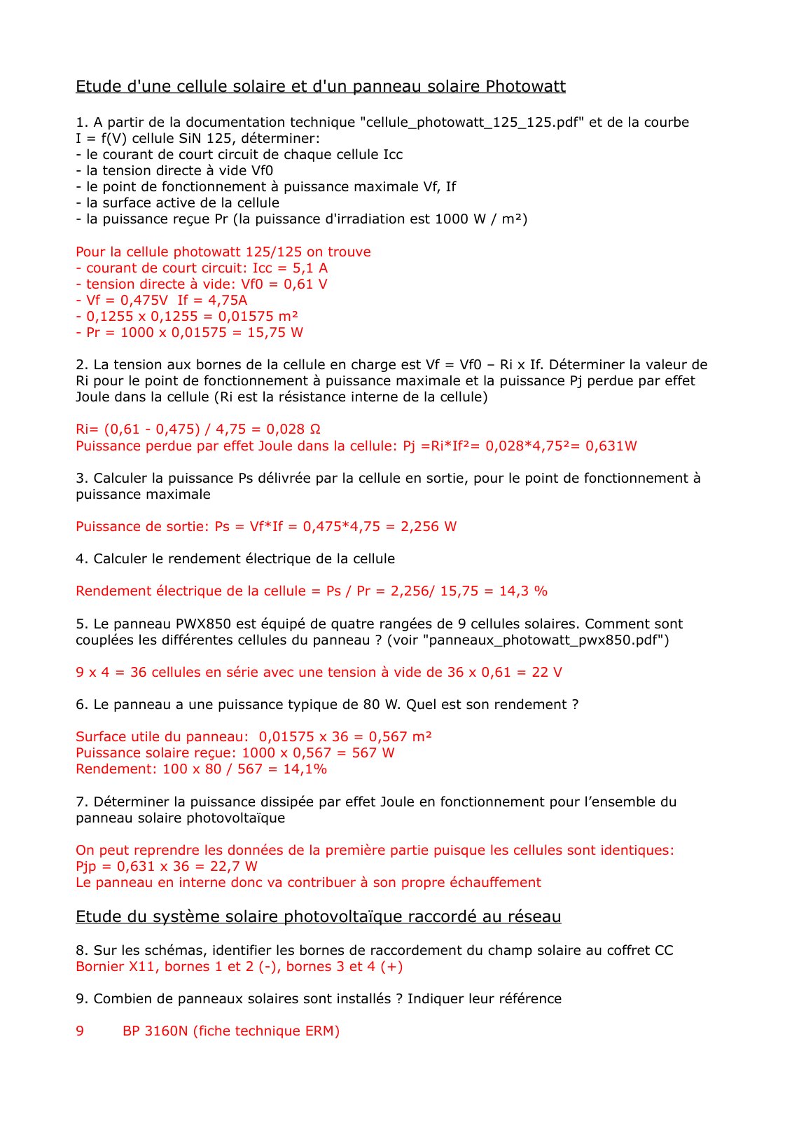 First page of Etude d'une cellule solaire et d'un panneau solaire Photowatt