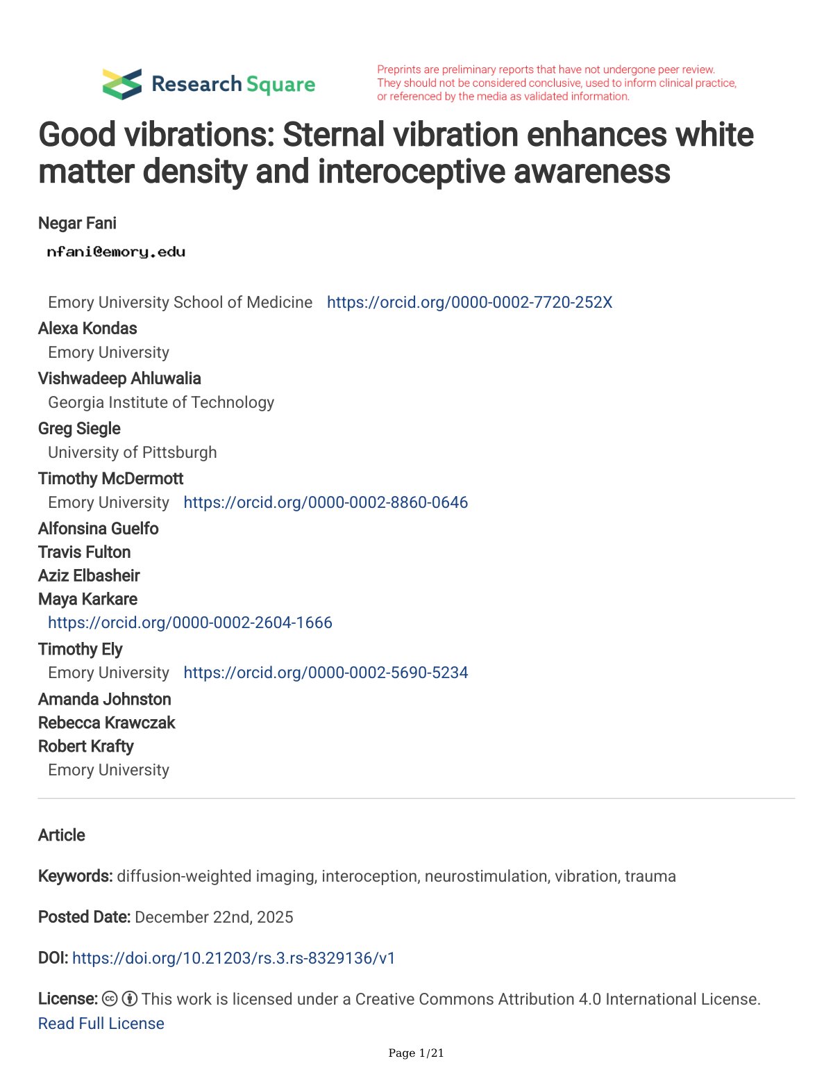 First page of Good vibrations Sternal vibration enhances white m